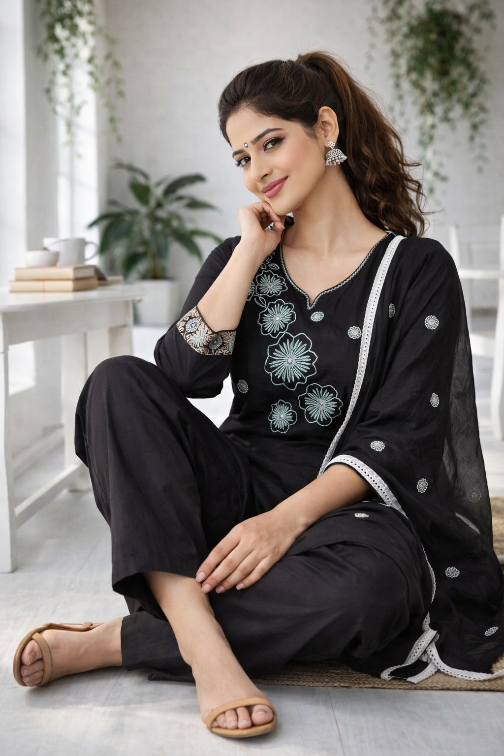 Floral embroidered Black Suit Set with Dupatta