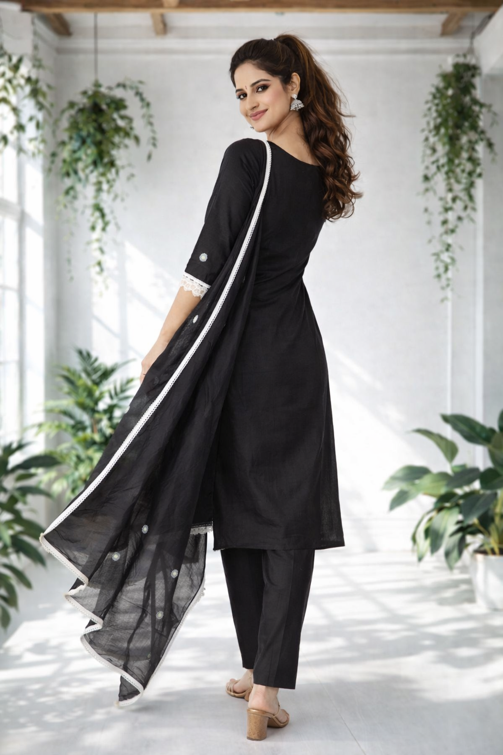 Floral embroidered Black Suit Set with Dupatta