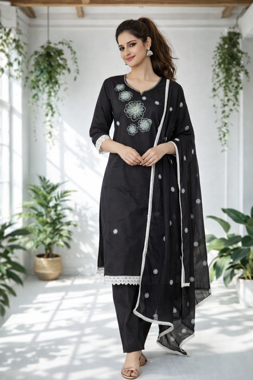 Floral embroidered Black Suit Set with Dupatta