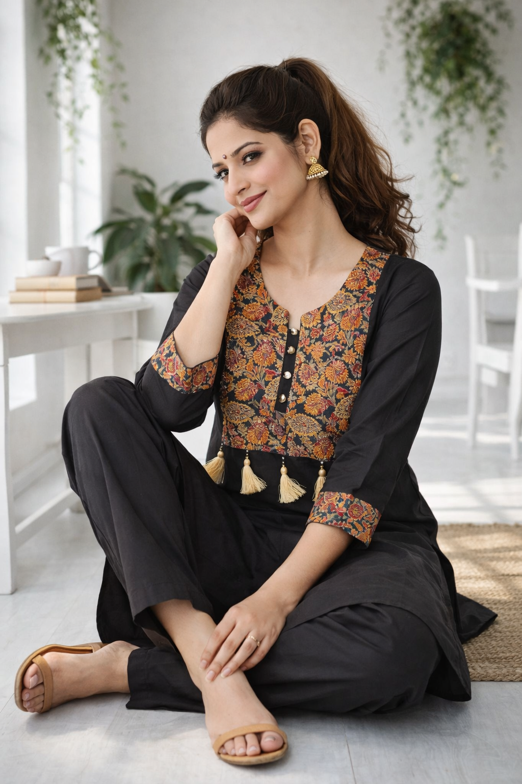 Elegant black Co-ords set featuring intricate ethnic print detailing on the yoke and sleeves