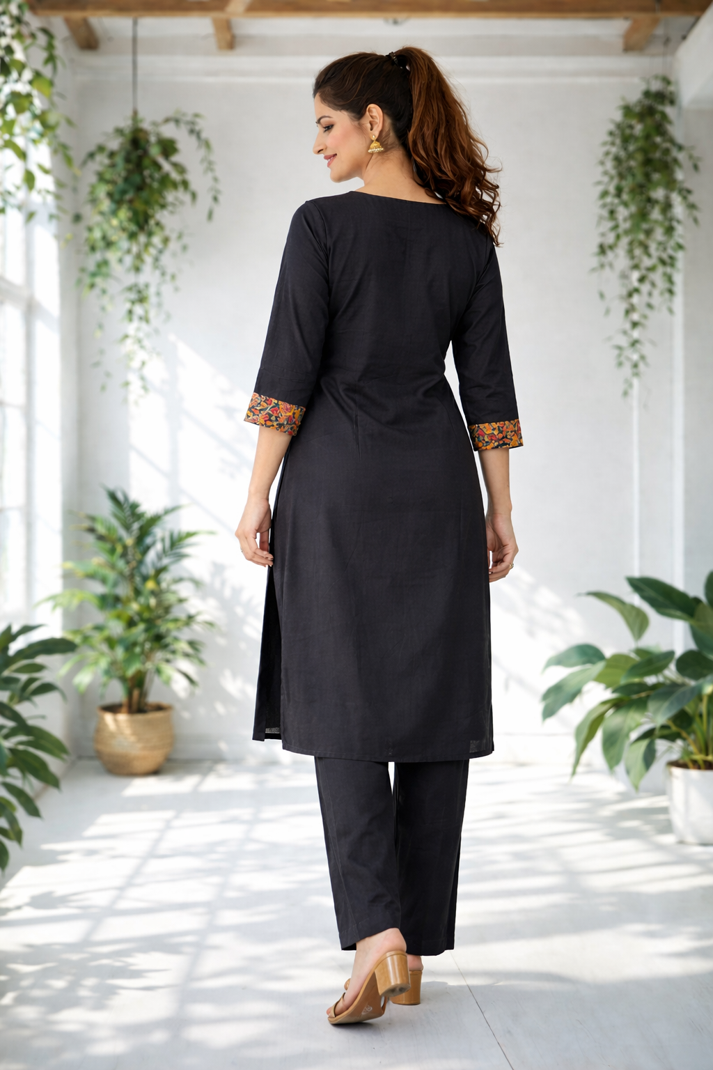 Elegant black Co-ords set featuring intricate ethnic print detailing on the yoke and sleeves
