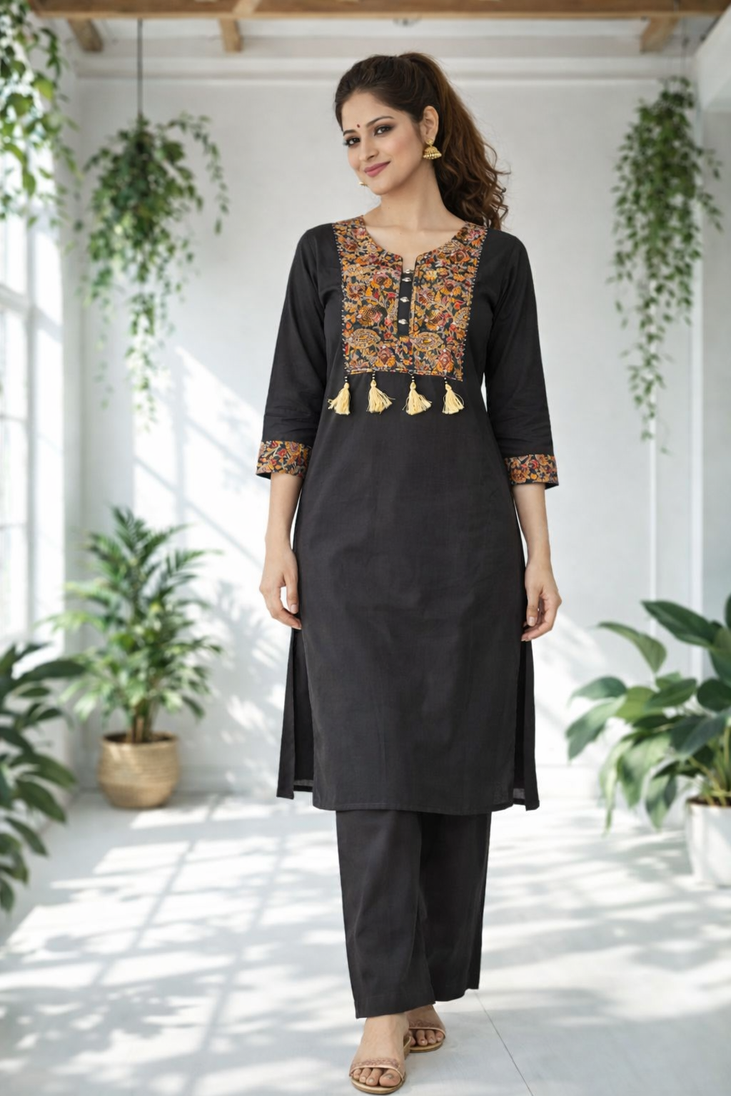 Elegant black Co-ords set featuring intricate ethnic print detailing on the yoke and sleeves