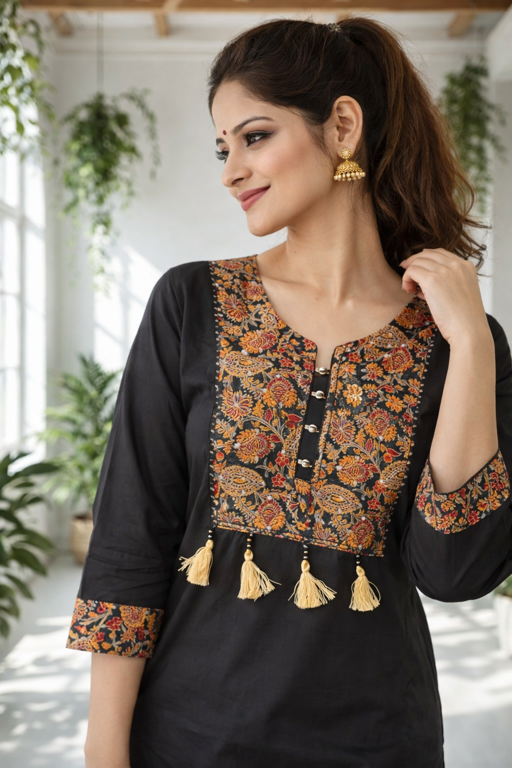 Elegant black Co-ords set featuring intricate ethnic print detailing on the yoke and sleeves