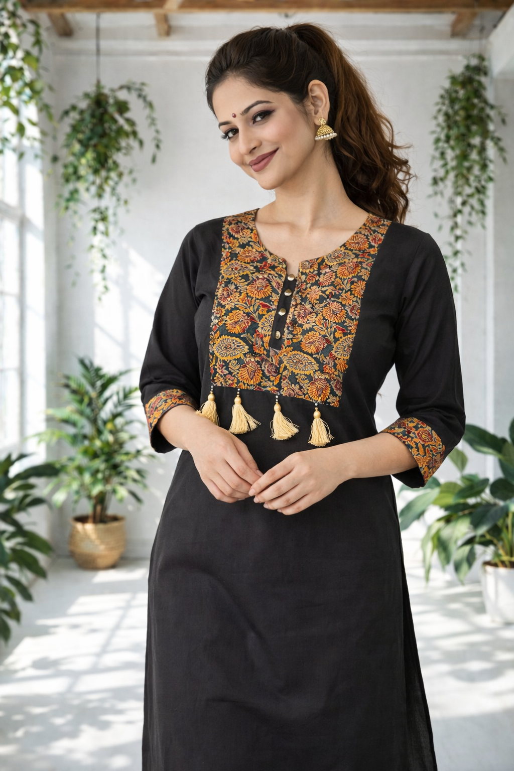 Elegant black Co-ords set featuring intricate ethnic print detailing on the yoke and sleeves