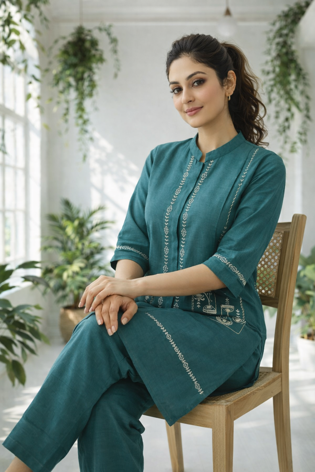 Elegant teal co-ord set with delicate white embroidery,