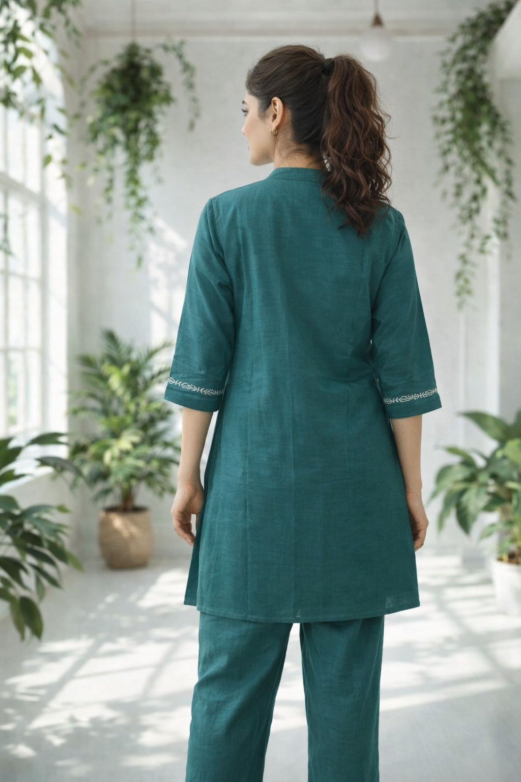 Elegant teal co-ord set with delicate white embroidery,