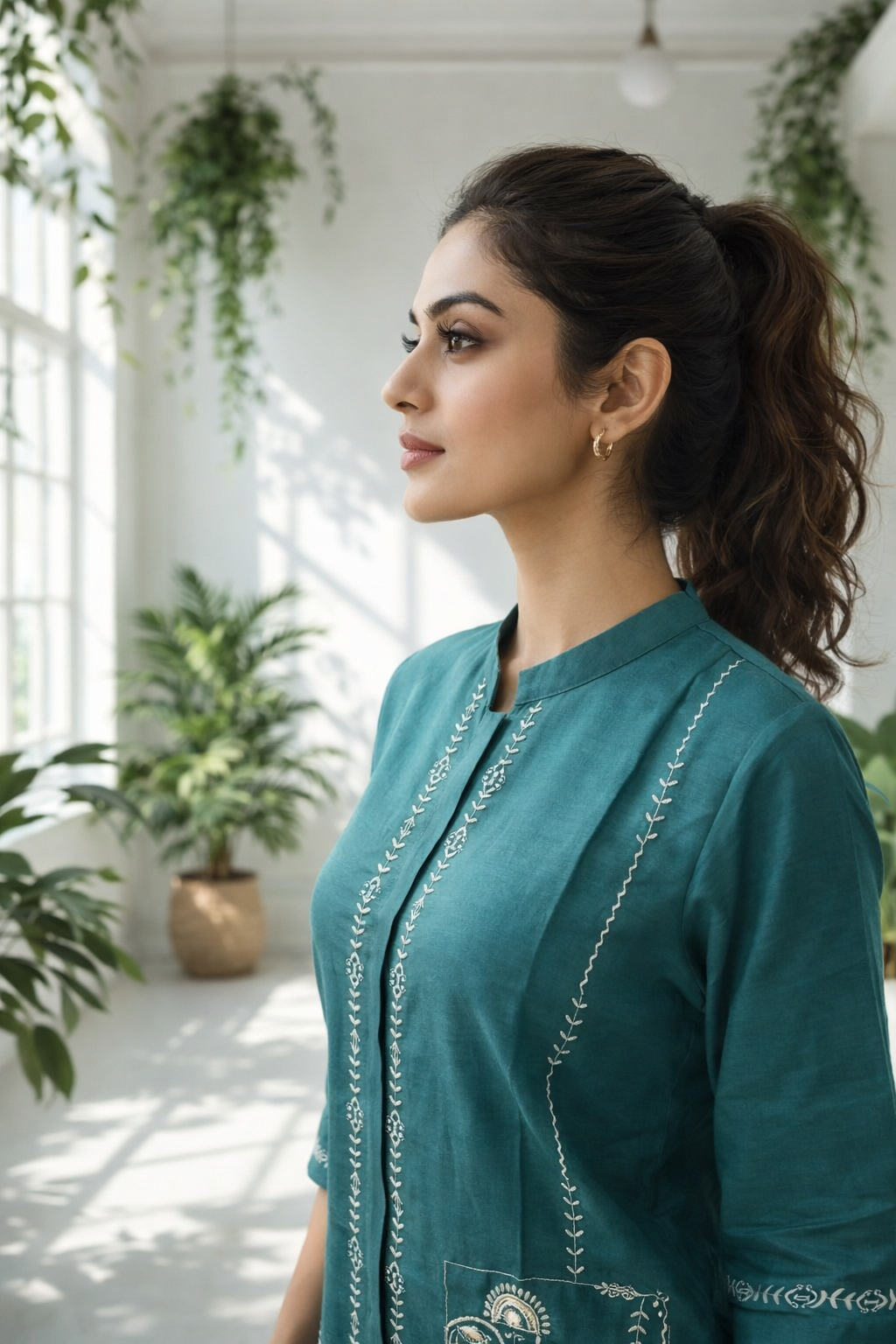 Elegant teal co-ord set with delicate white embroidery,