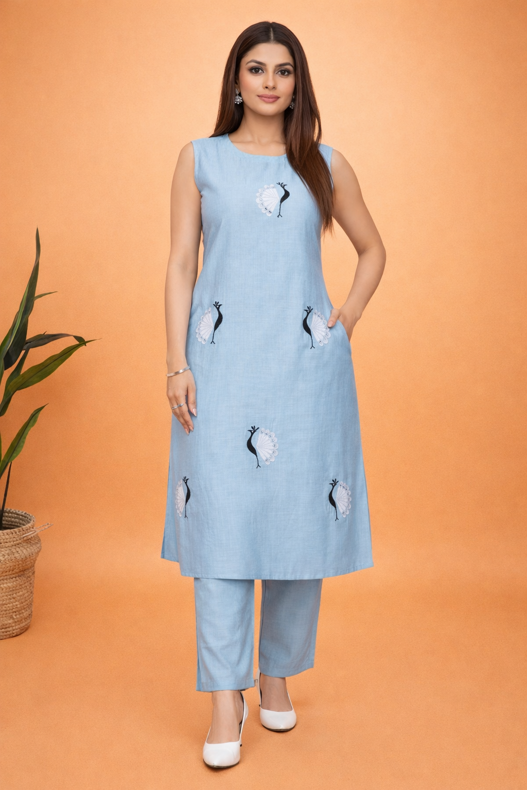 Sleeveless Co-Ord Set with Elegant Peacock Motif Print - Sky Blue color