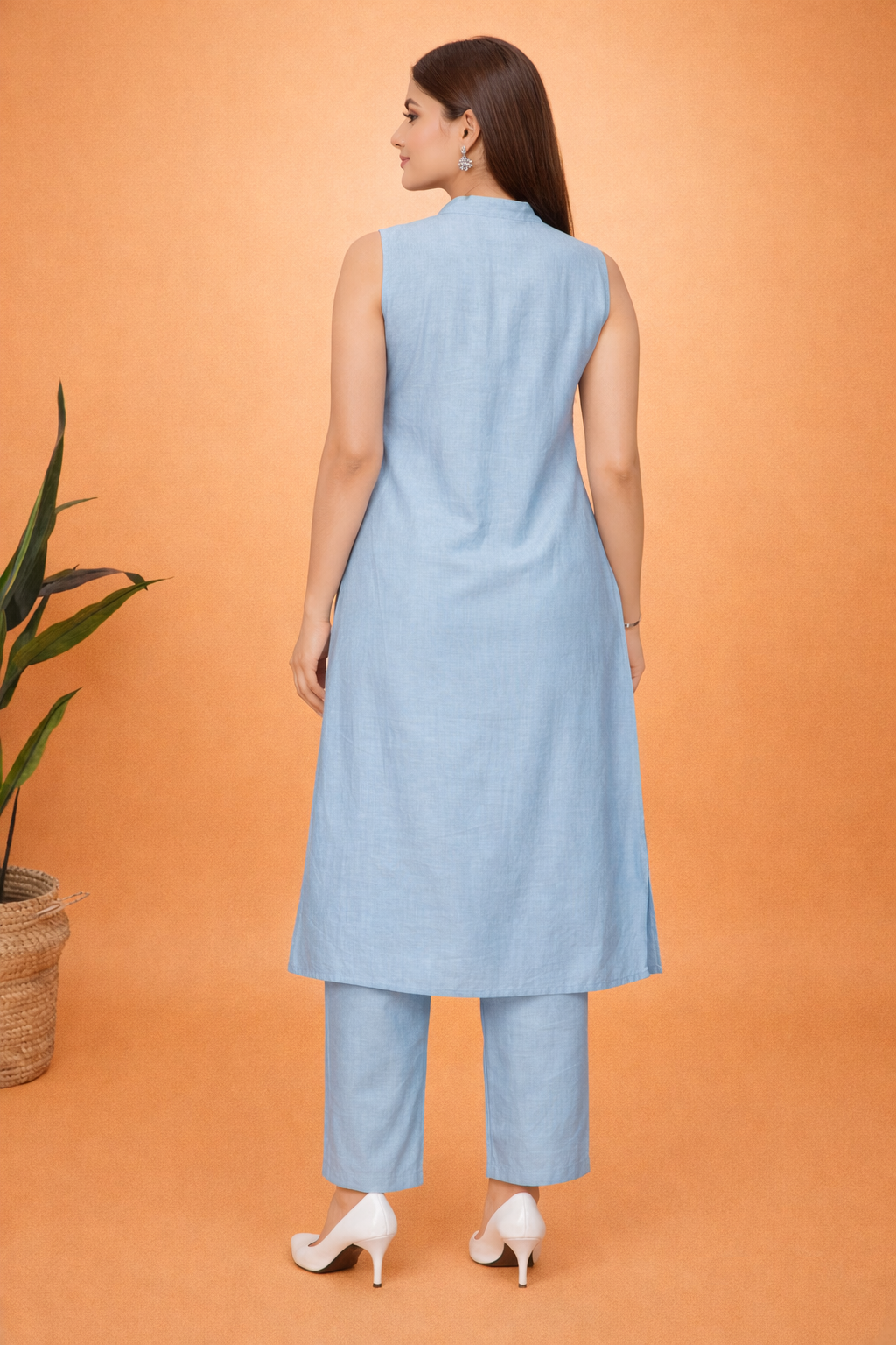 Sleeveless Co-Ord Set with Elegant Peacock Motif Print - Sky Blue color