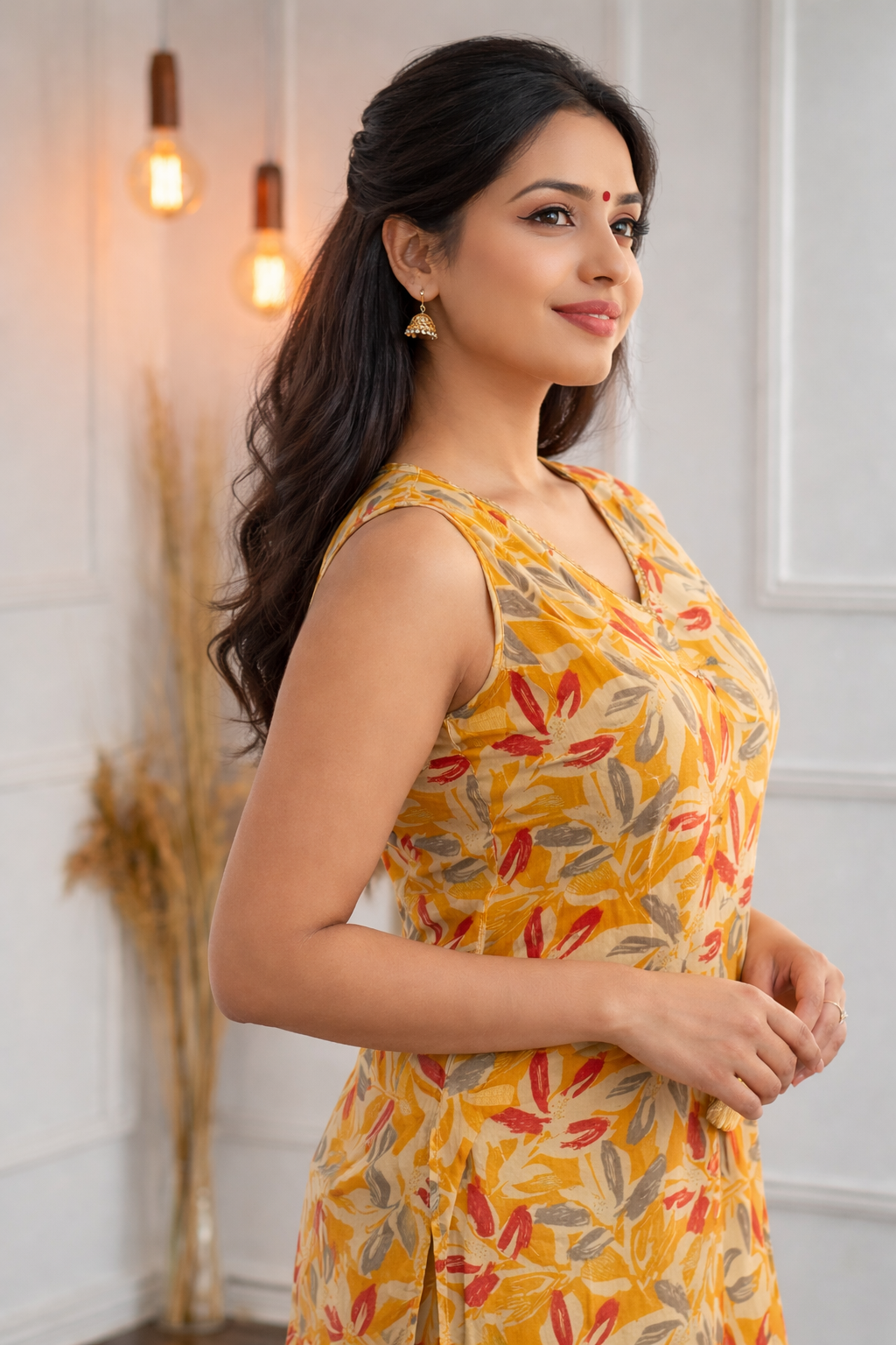 Graceful mustard-yellow ethnic co-ord set with a leafy print,