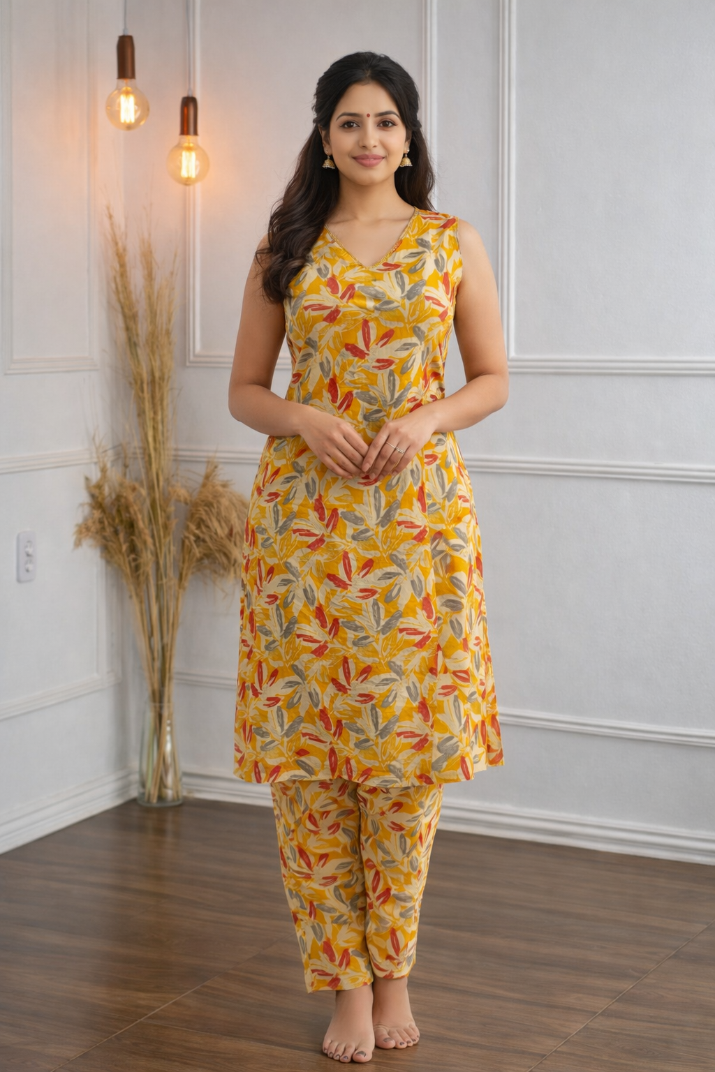 Graceful mustard-yellow ethnic co-ord set with a leafy print,