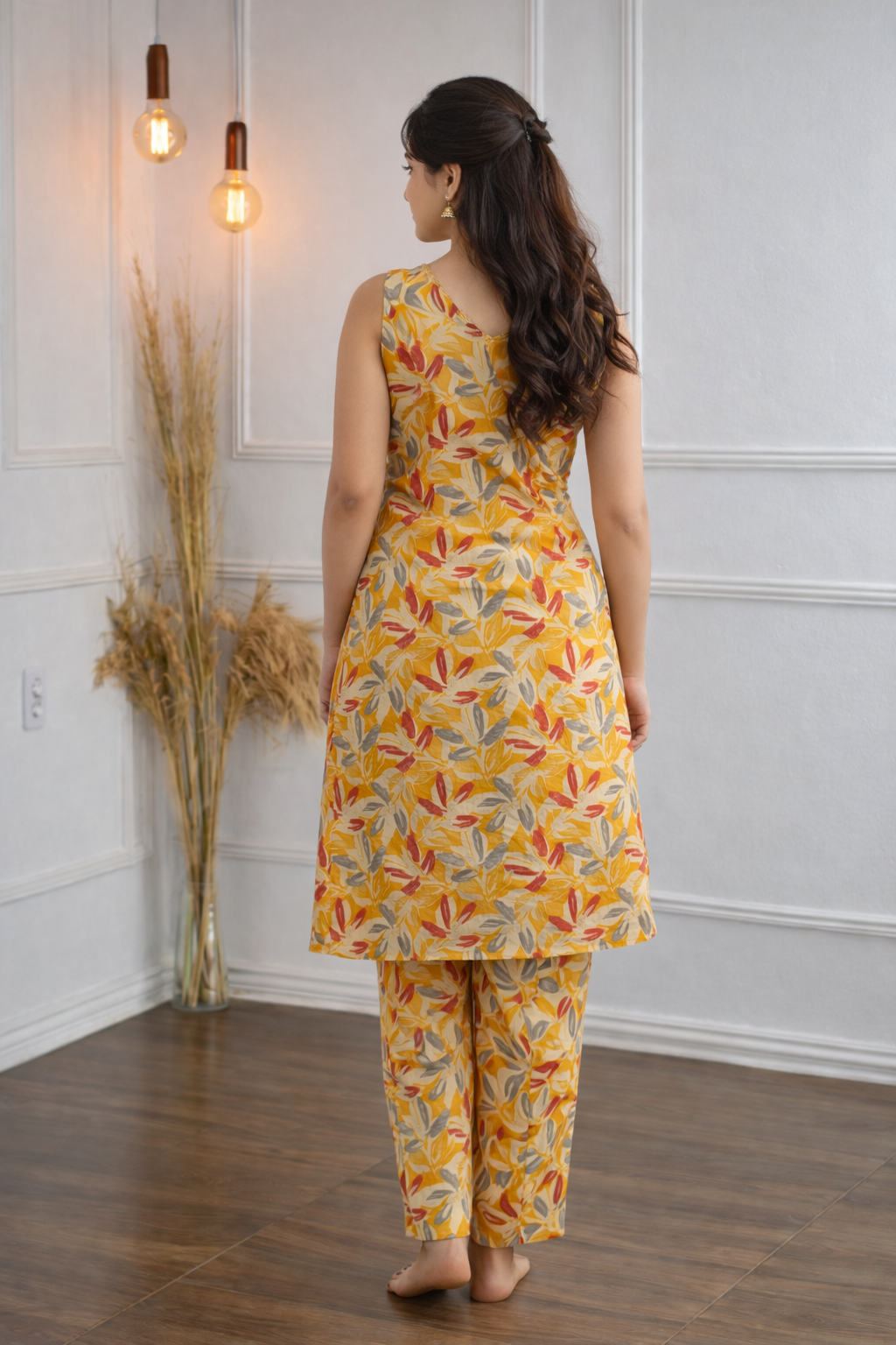 Graceful mustard-yellow ethnic co-ord set with a leafy print,