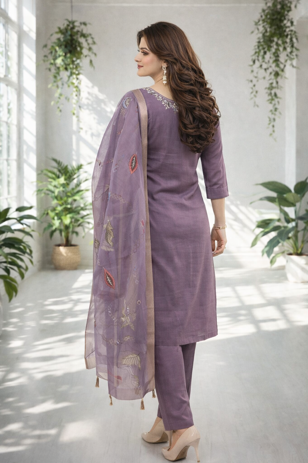 Woman in a purple traditional outfit standing in a bright room with plants.
