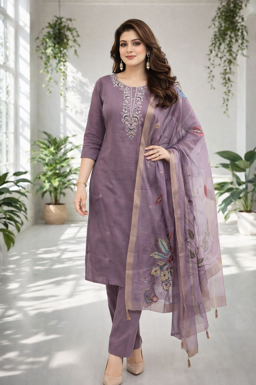 Woman wearing a purple embroidered outfit with a matching dupatta in a bright room with plants.