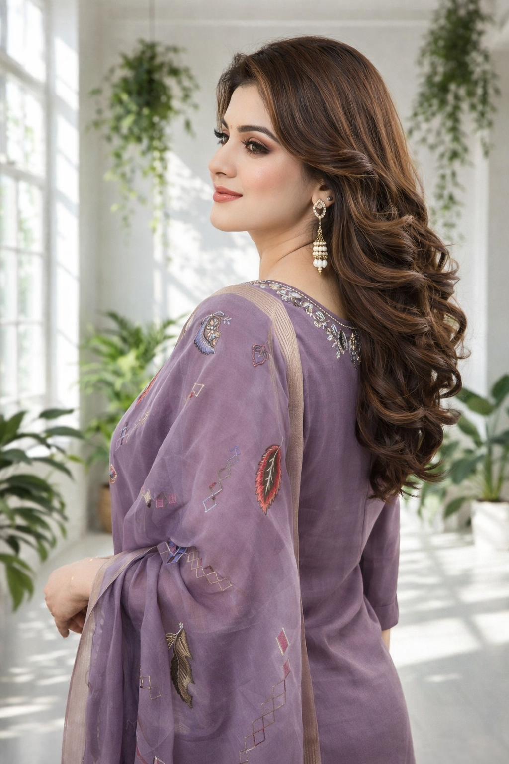 Woman wearing a purple embroidered outfit in a bright indoor setting with plants.