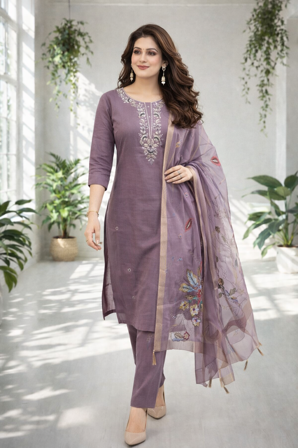 Woman wearing a purple embroidered outfit with a matching dupatta in a bright room with plants.
