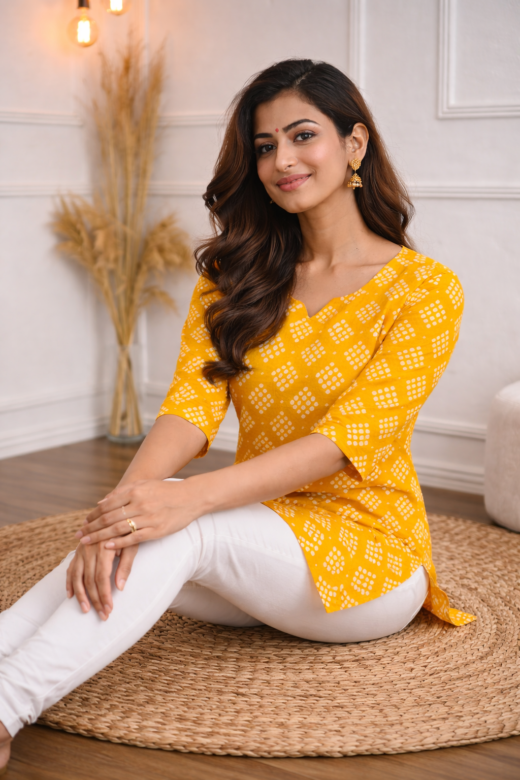 Mustard yellow short kurta featuring a subtle V-notch round neck and elegant white geometric print.