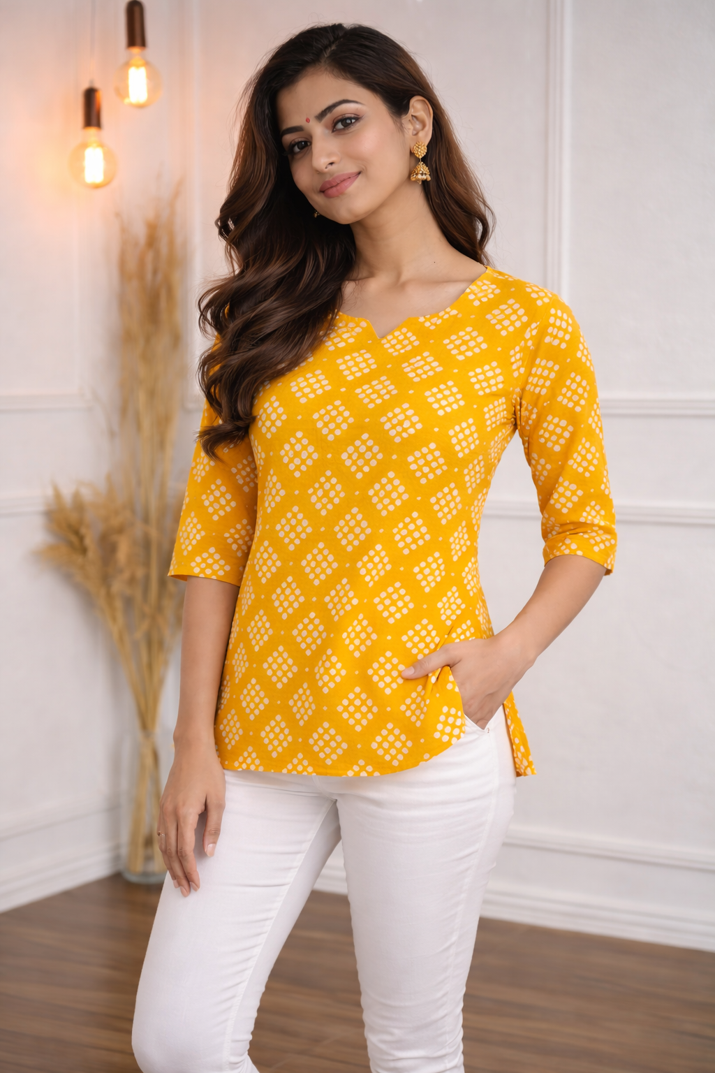Mustard yellow short kurta featuring a subtle V-notch round neck and elegant white geometric print.