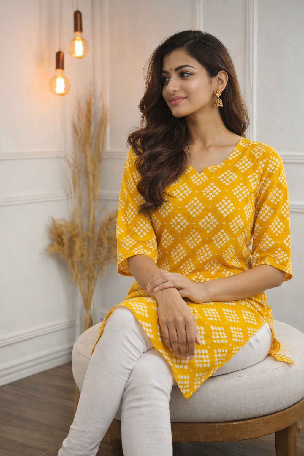 Mustard yellow short kurta featuring a subtle V-notch round neck and elegant white geometric print.