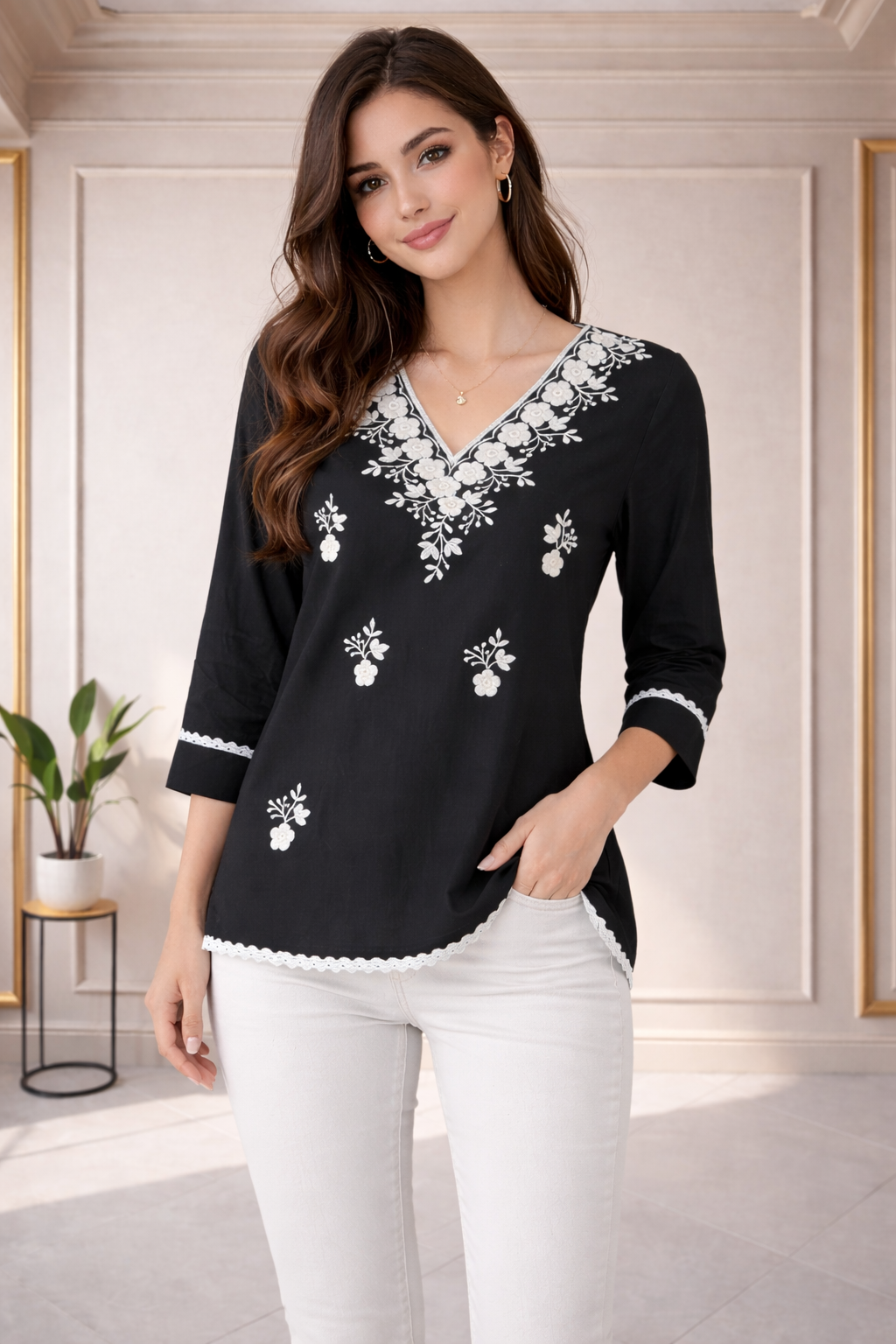 Elegant Black kurta  delicate Flower Embroidery;