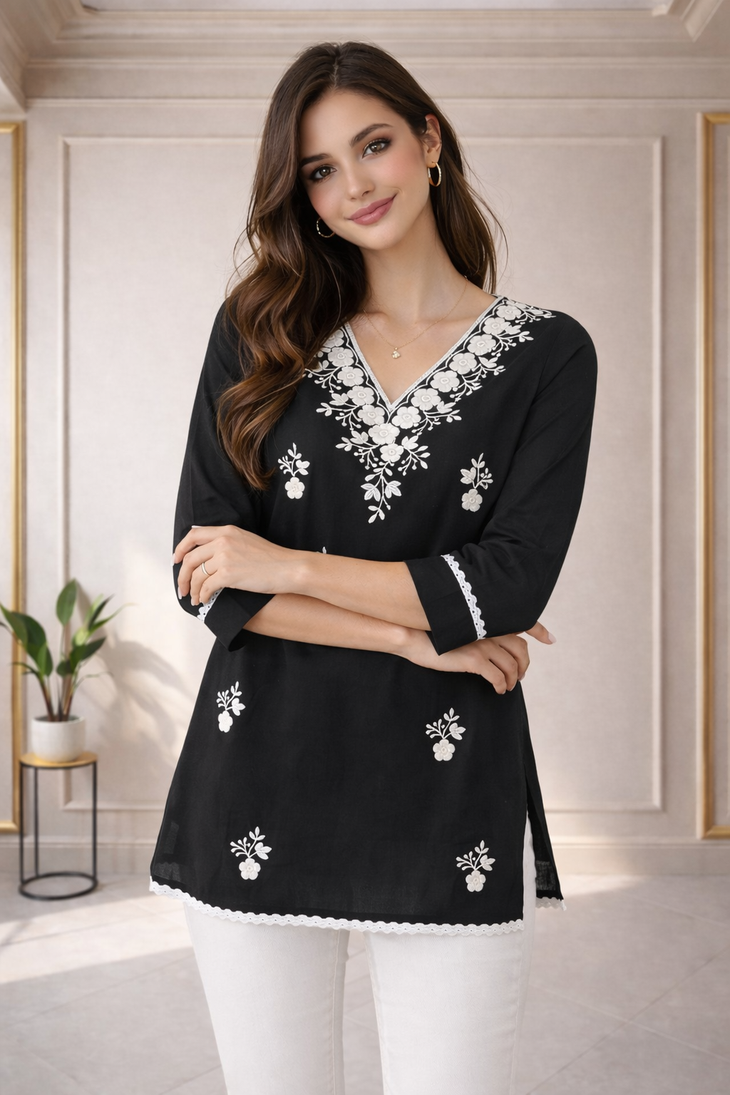 Elegant Black kurta  delicate Flower Embroidery;