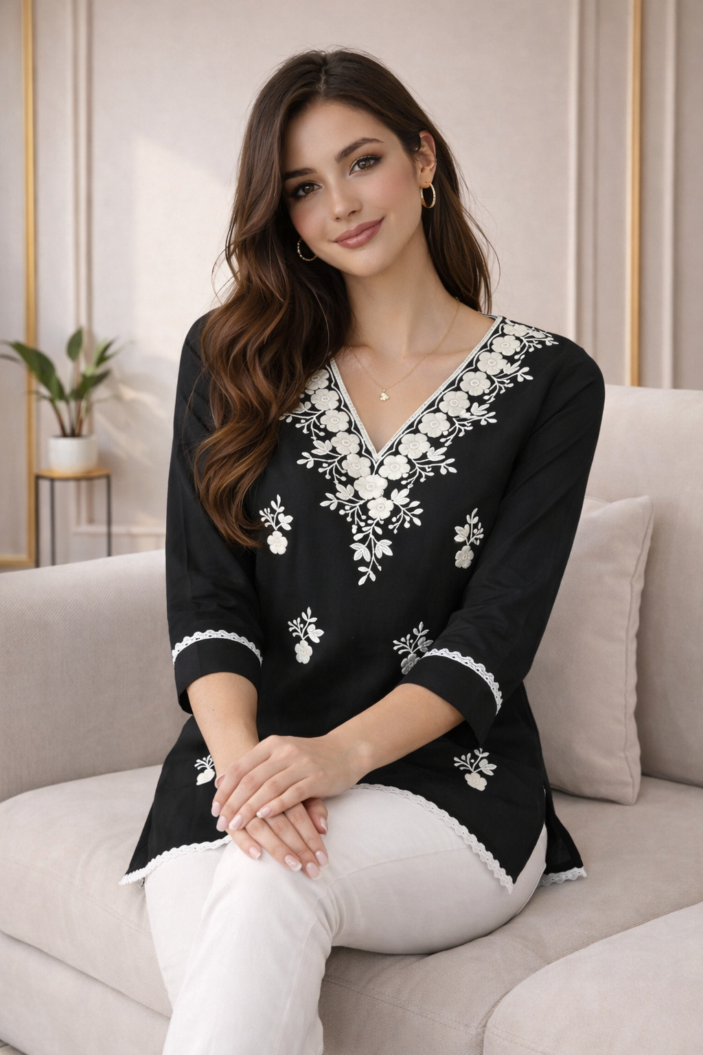 Elegant Black kurta  delicate Flower Embroidery;