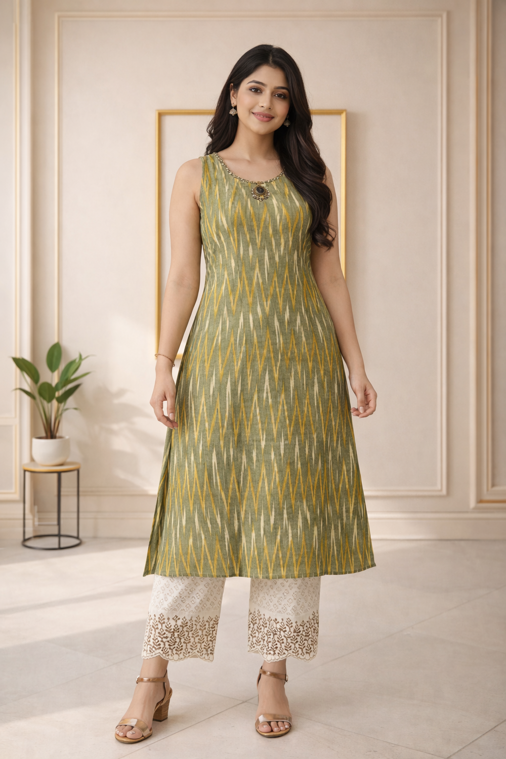 Graceful ethnic co-ords set featuring a timeless ikat-inspired pattern, perfect for effortless everyday elegance
