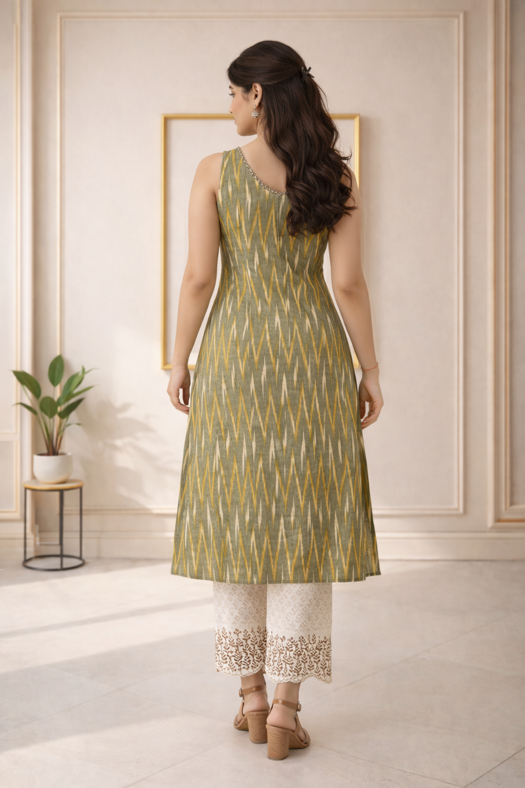 Graceful ethnic co-ords set featuring a timeless ikat-inspired pattern, perfect for effortless everyday elegance