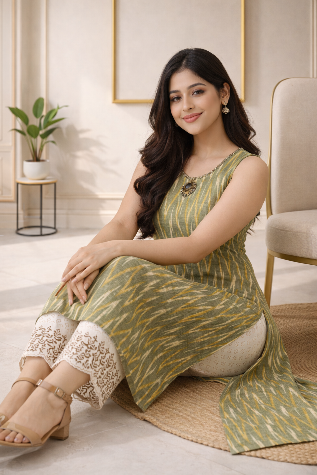 Graceful ethnic co-ords set featuring a timeless ikat-inspired pattern, perfect for effortless everyday elegance