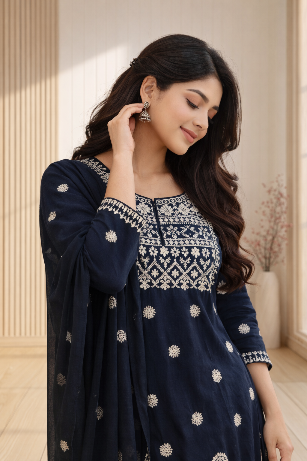 Floral embroidered Royal Blue Color Suit Set with Dupatta