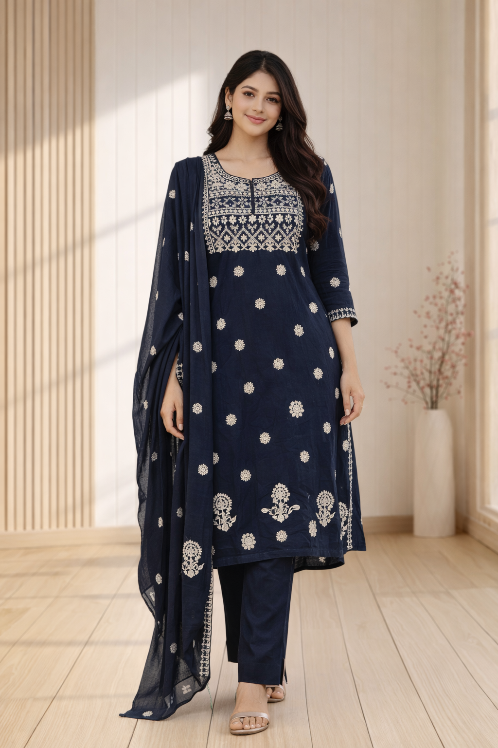 Floral embroidered Royal Blue Color Suit Set with Dupatta