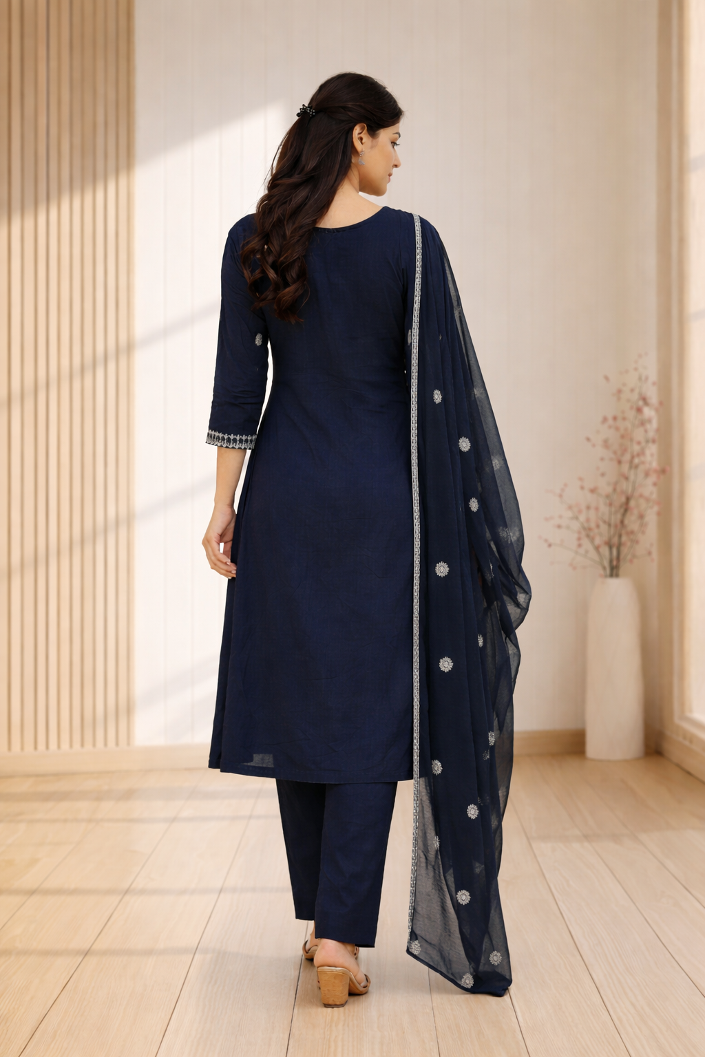 Floral embroidered Royal Blue Color Suit Set with Dupatta