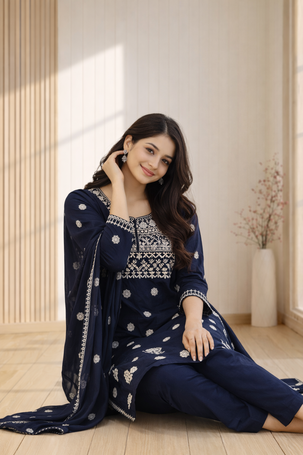 Floral embroidered Royal Blue Color Suit Set with Dupatta