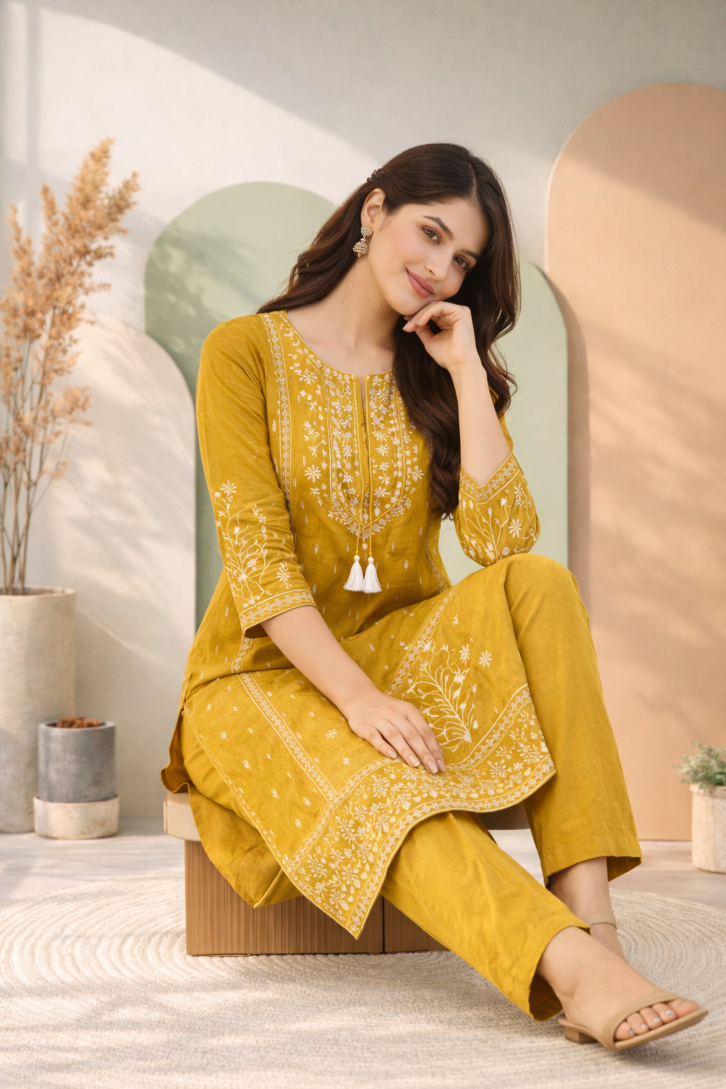 Woman in a yellow traditional outfit sitting on a wooden stool indoors.