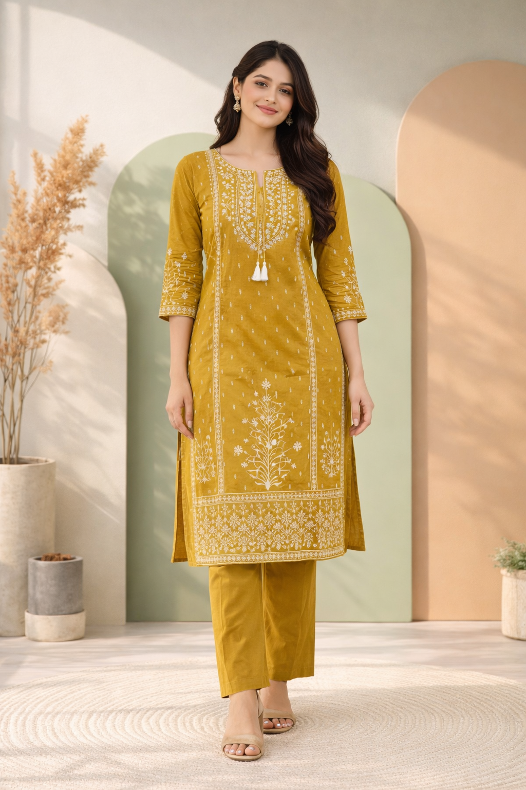 Woman wearing a yellow embroidered traditional outfit in a minimalistic setting