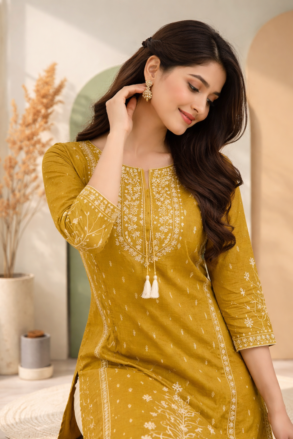 Woman wearing a mustard yellow embroidered traditional outfit indoors.