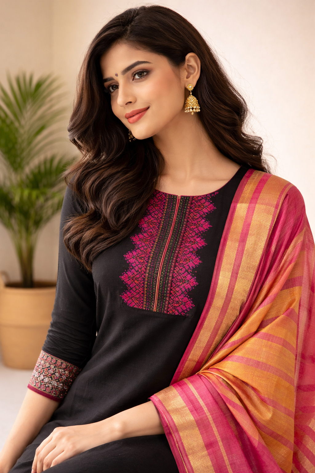 Elegant black straight-cut kurta set highlighted with rich magenta embroidery and paired with a vibrant pink-orange striped dupatta for a graceful festive look