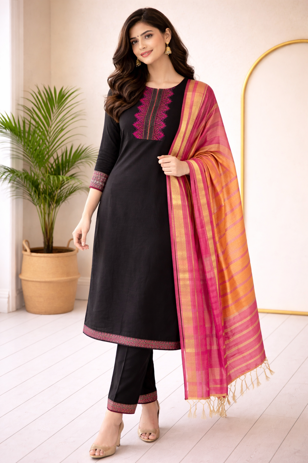 Elegant black straight-cut kurta set highlighted with rich magenta embroidery and paired with a vibrant pink-orange striped dupatta for a graceful festive look