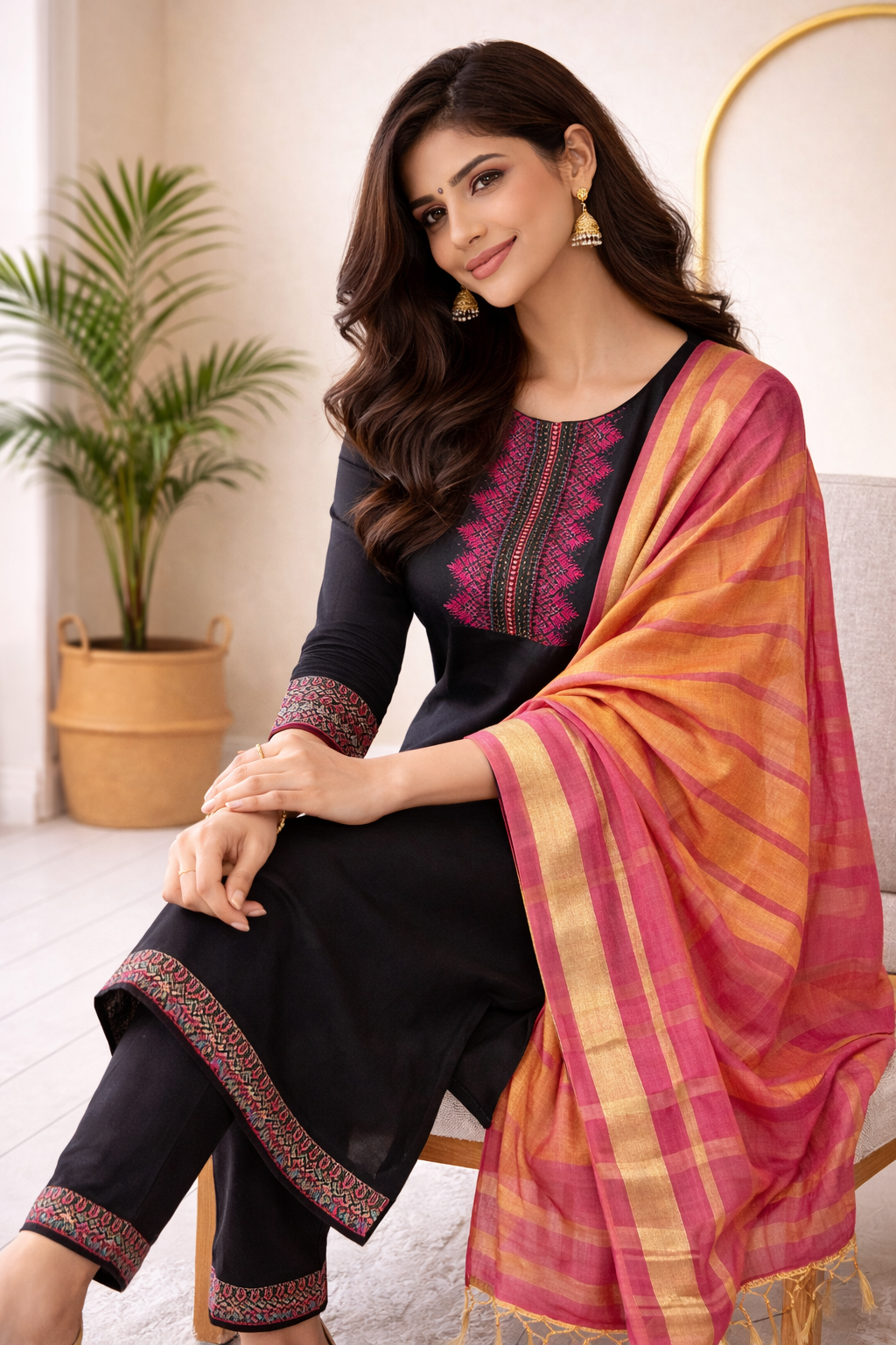 Elegant black straight-cut kurta set highlighted with rich magenta embroidery and paired with a vibrant pink-orange striped dupatta for a graceful festive look
