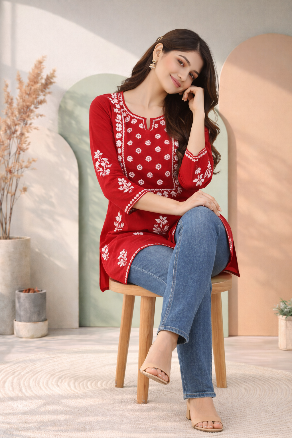 Embroidered Red Kurta delicate Flower Embroidery Thread Work Kurta detailed.