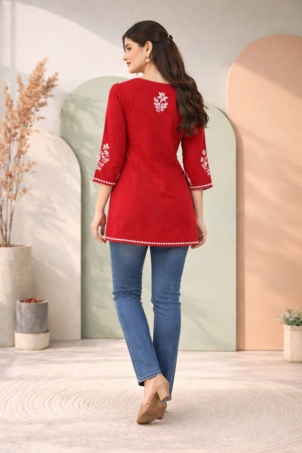 Embroidered Red Kurta delicate Flower Embroidery Thread Work Kurta detailed.