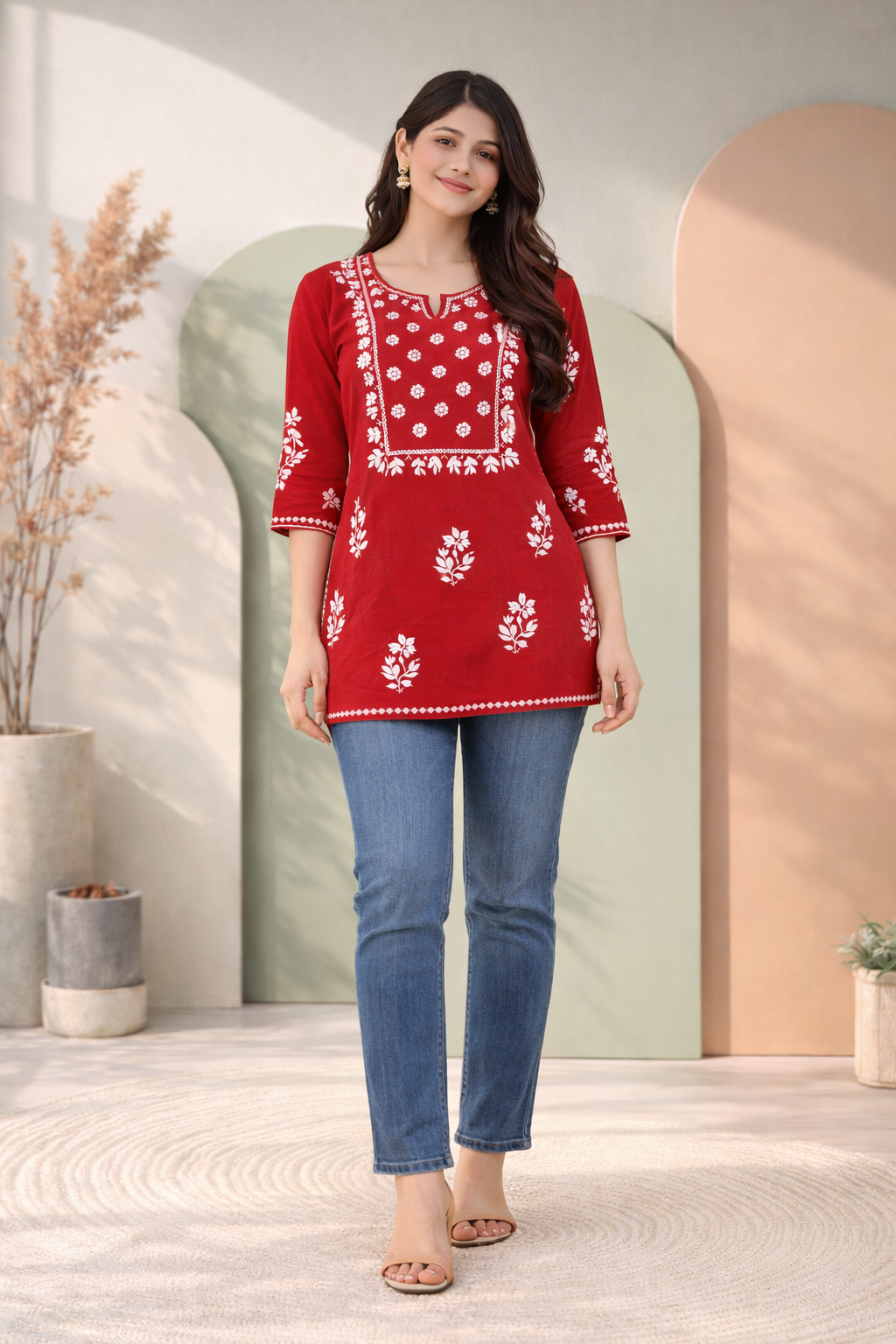 Embroidered Red Kurta delicate Flower Embroidery Thread Work Kurta detailed.