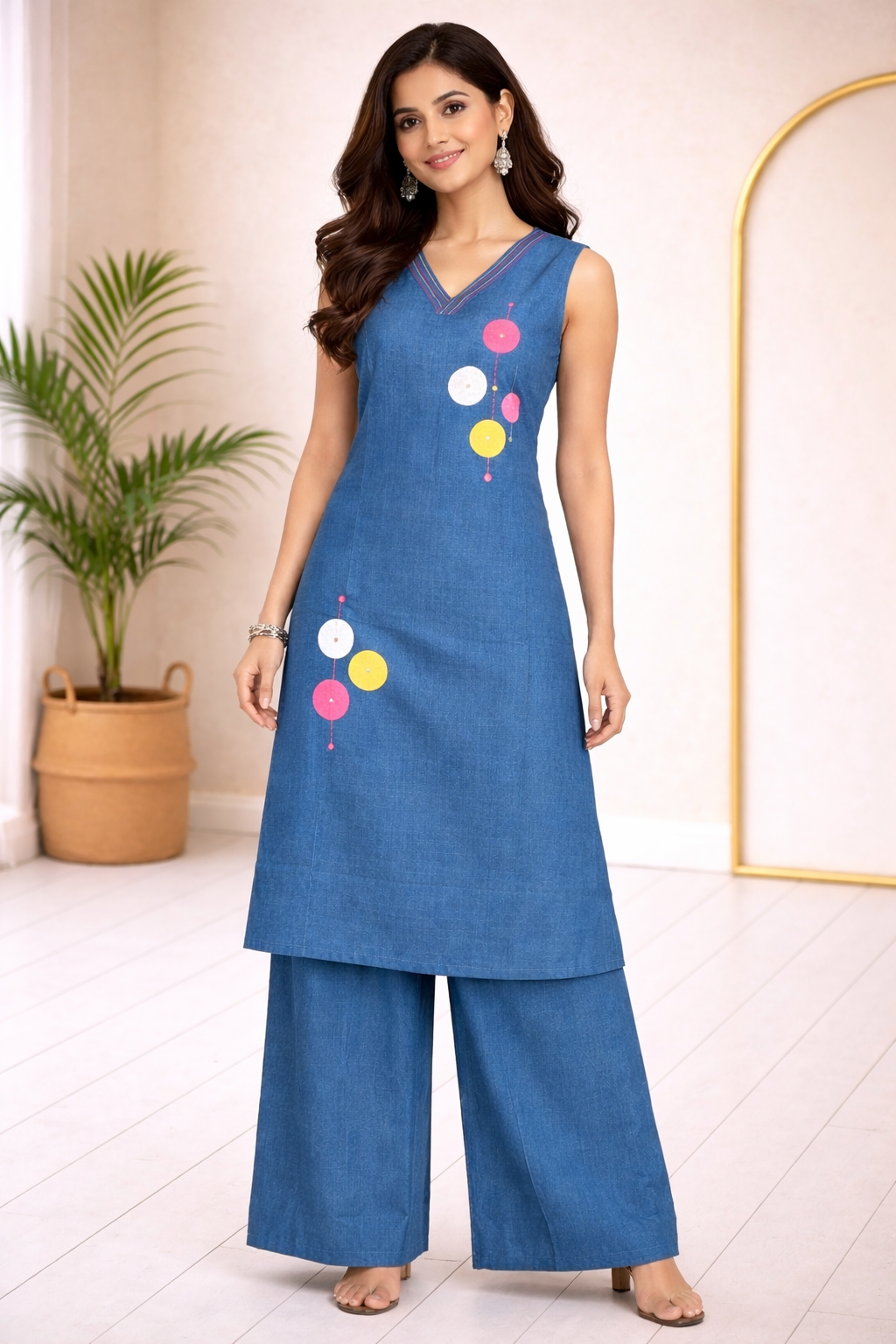 Elegant teal Blue sleeveless kurta with Palazzo featuring a stylish V-neck and playful handcrafted work