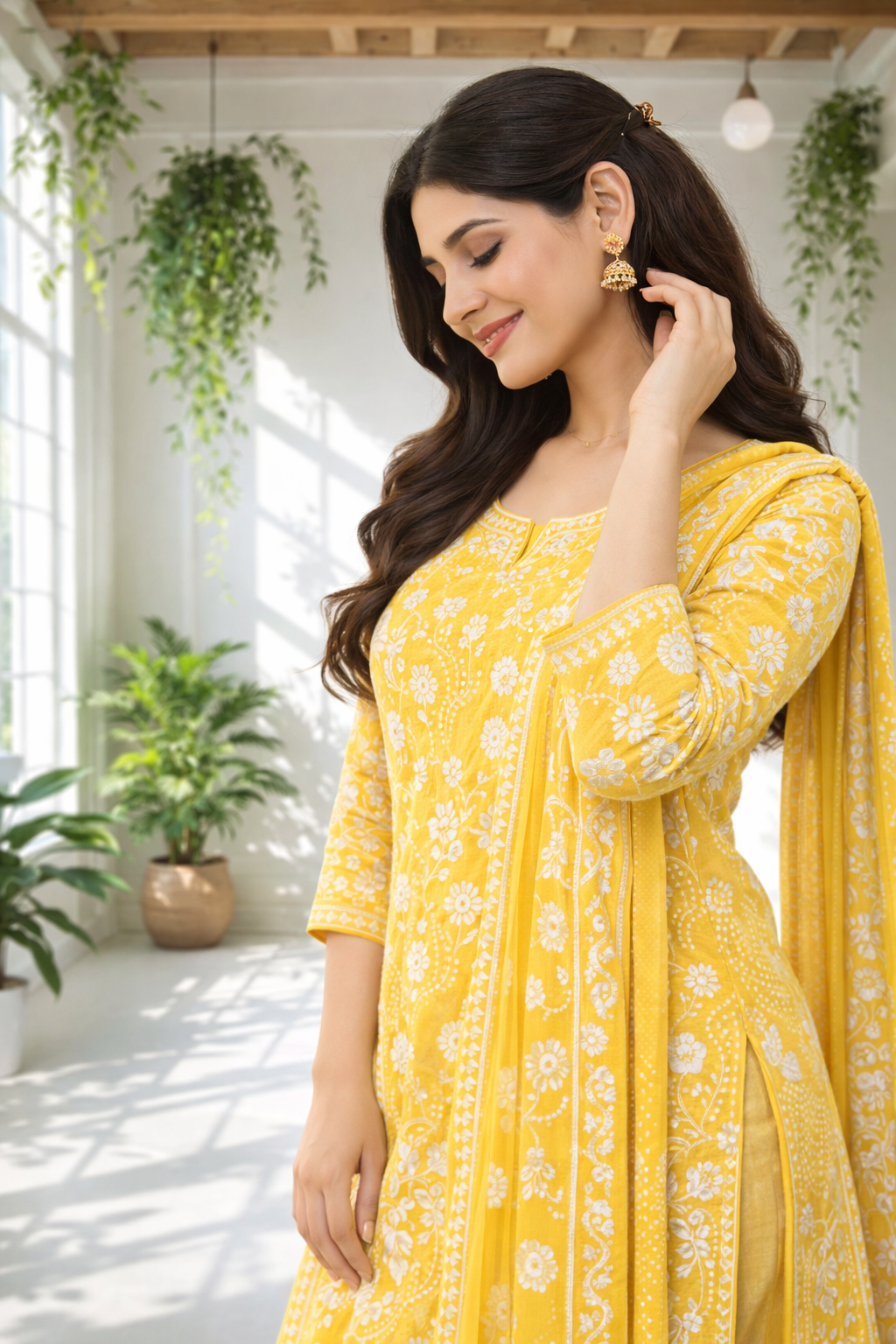 Bright yellow ethnic suit set adorned with delicate white floral prints, paired with a matching dupatta for a fresh and graceful