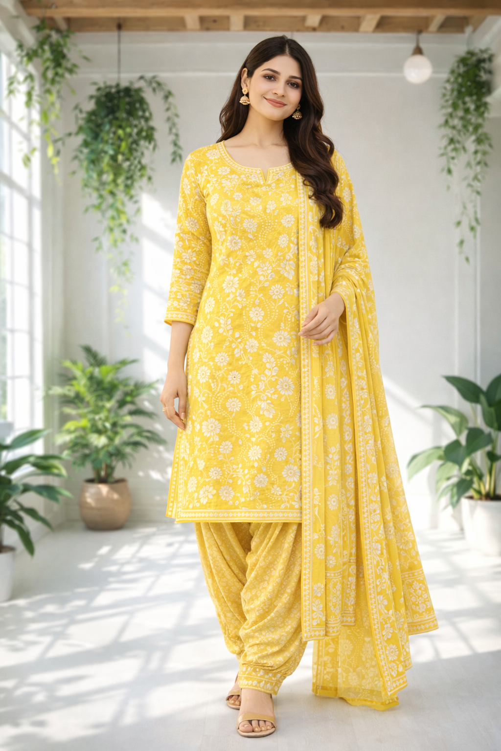 Bright yellow ethnic suit set adorned with delicate white floral prints, paired with a matching dupatta for a fresh and graceful