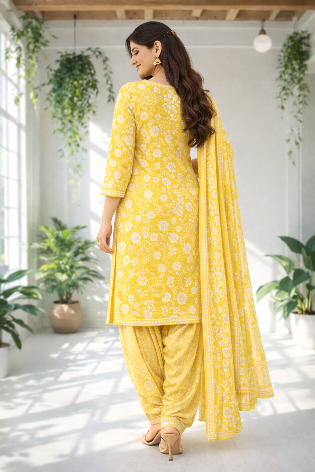 Bright yellow ethnic suit set adorned with delicate white floral prints, paired with a matching dupatta for a fresh and graceful