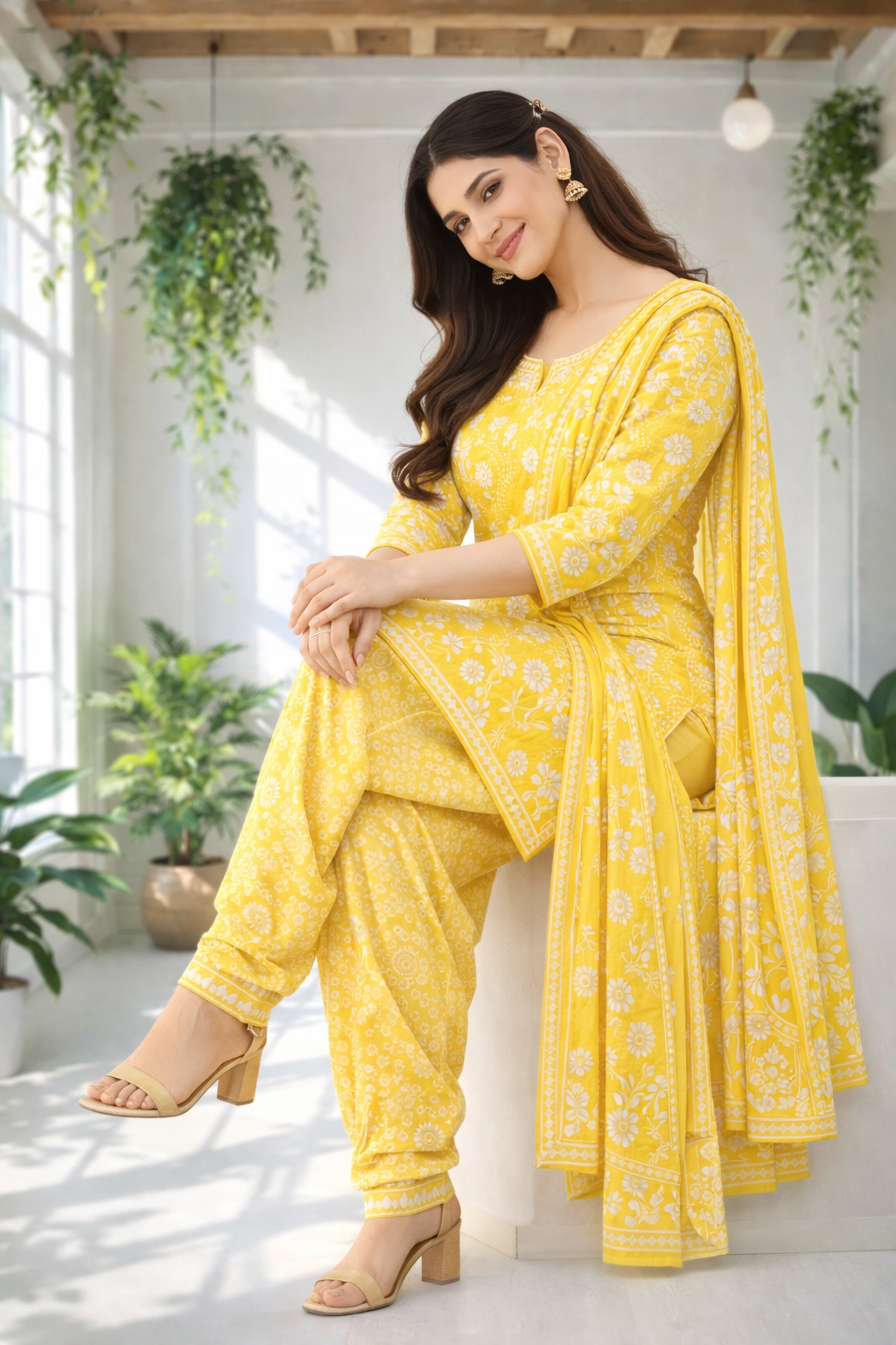 Bright yellow ethnic suit set adorned with delicate white floral prints, paired with a matching dupatta for a fresh and graceful