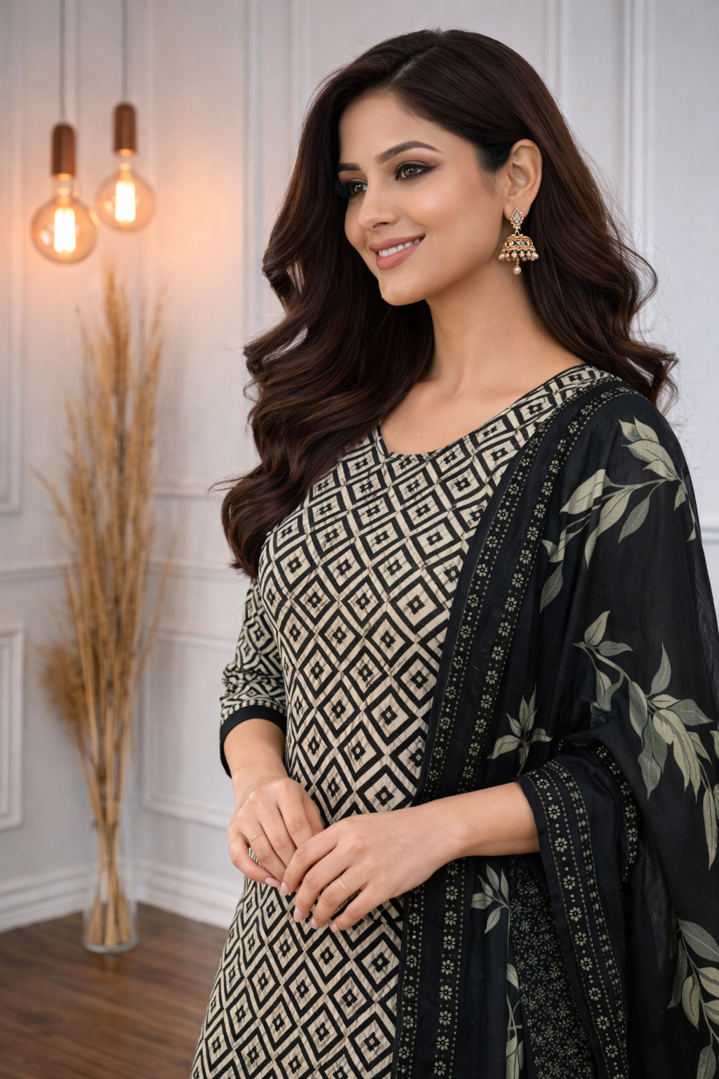 Bottle green ethnic suit set adorned with delicate white intricate ivory geometric prints, paired with a matching dupatta for a fresh and graceful