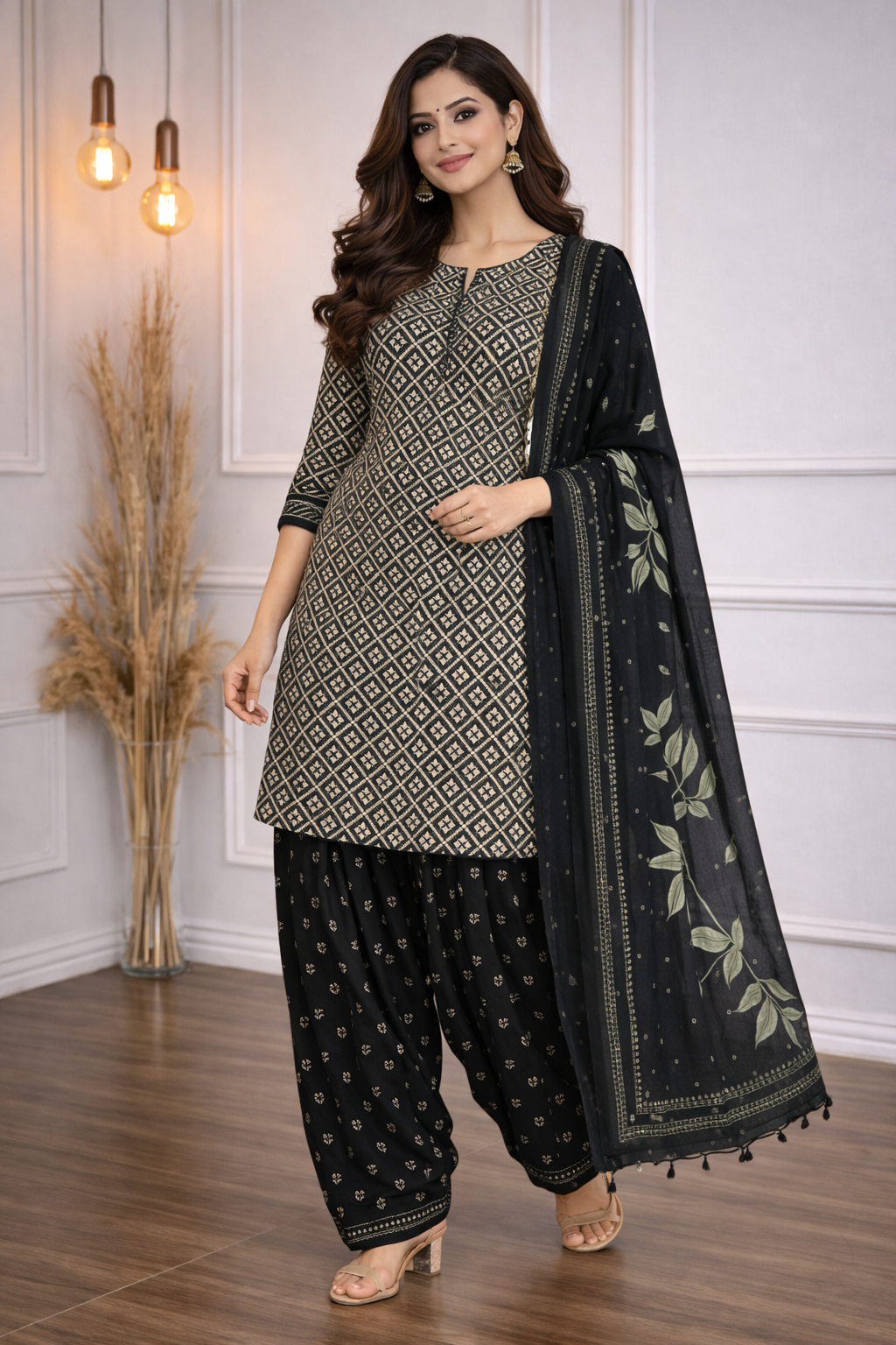 Bottle green ethnic suit set adorned with delicate white intricate ivory geometric prints, paired with a matching dupatta for a fresh and graceful