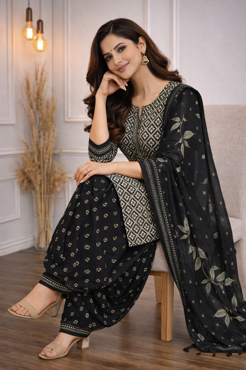 Bottle green ethnic suit set adorned with delicate white intricate ivory geometric prints, paired with a matching dupatta for a fresh and graceful